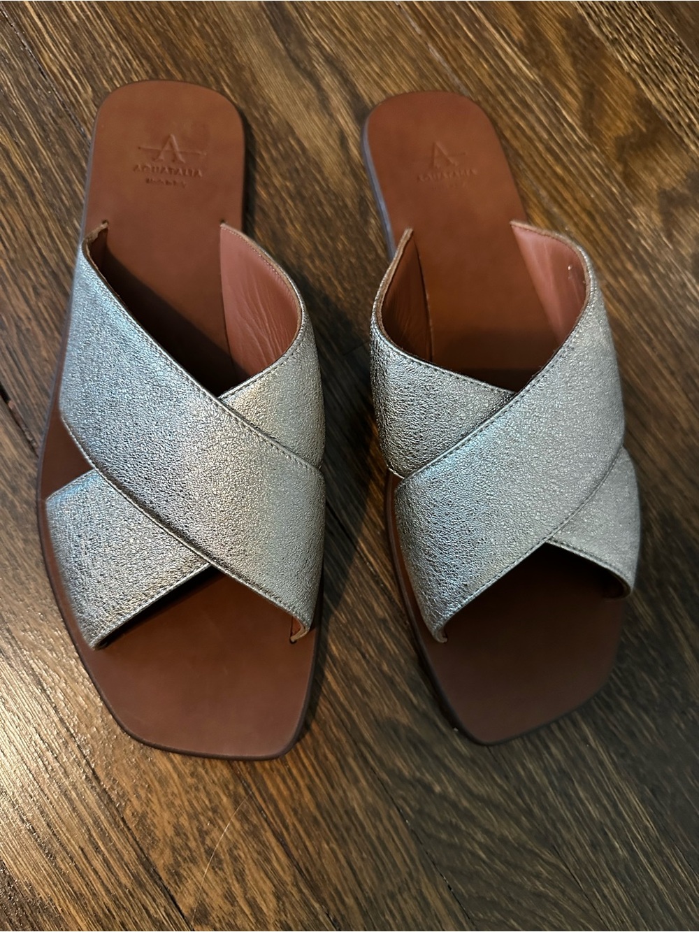 Aquatalia Metallic Gold Crisscross Leather Slide Sandals - Picture 4 of 7
